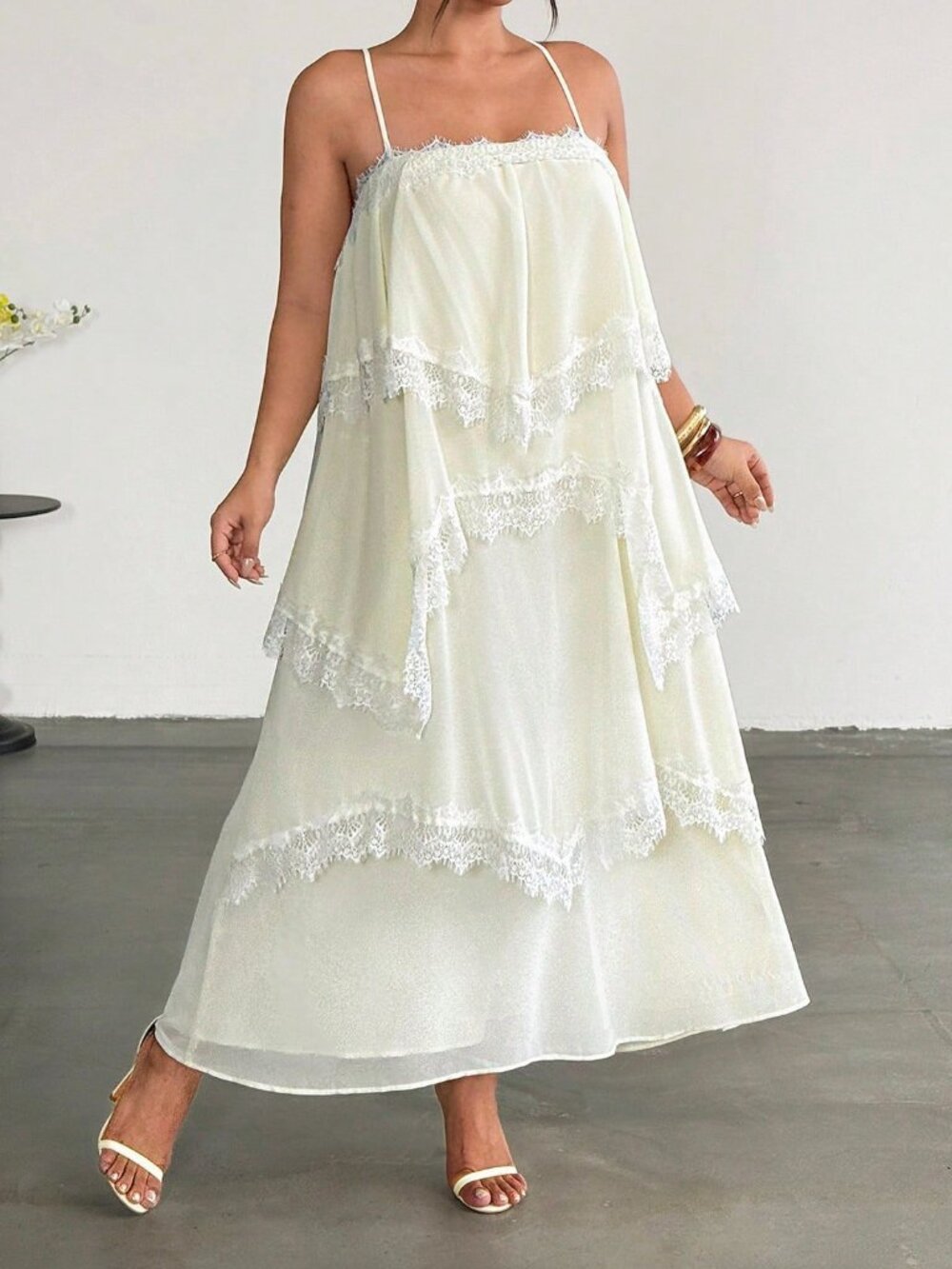 Apricot Elegant Women's Ruched Contrast Lace Spaghetti Strap Tiered Dress - Picture 8 of 8